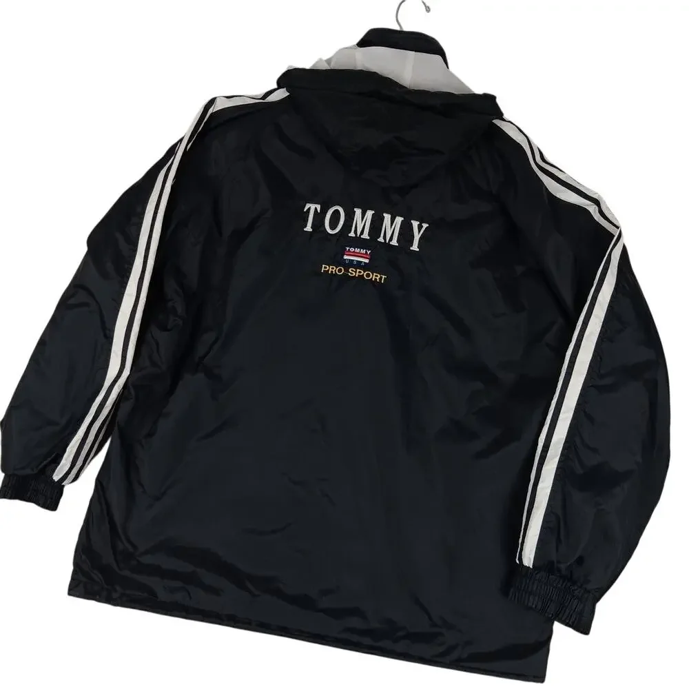 Vintage Tommy Hilfiger Windbreaker Mens XL Black Striped Pro Sport‎ Embroidered